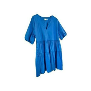 Chico's Blue Dress A line Midi  Size 3  Poplin Round V Neck 3/4 Sleeve Women's